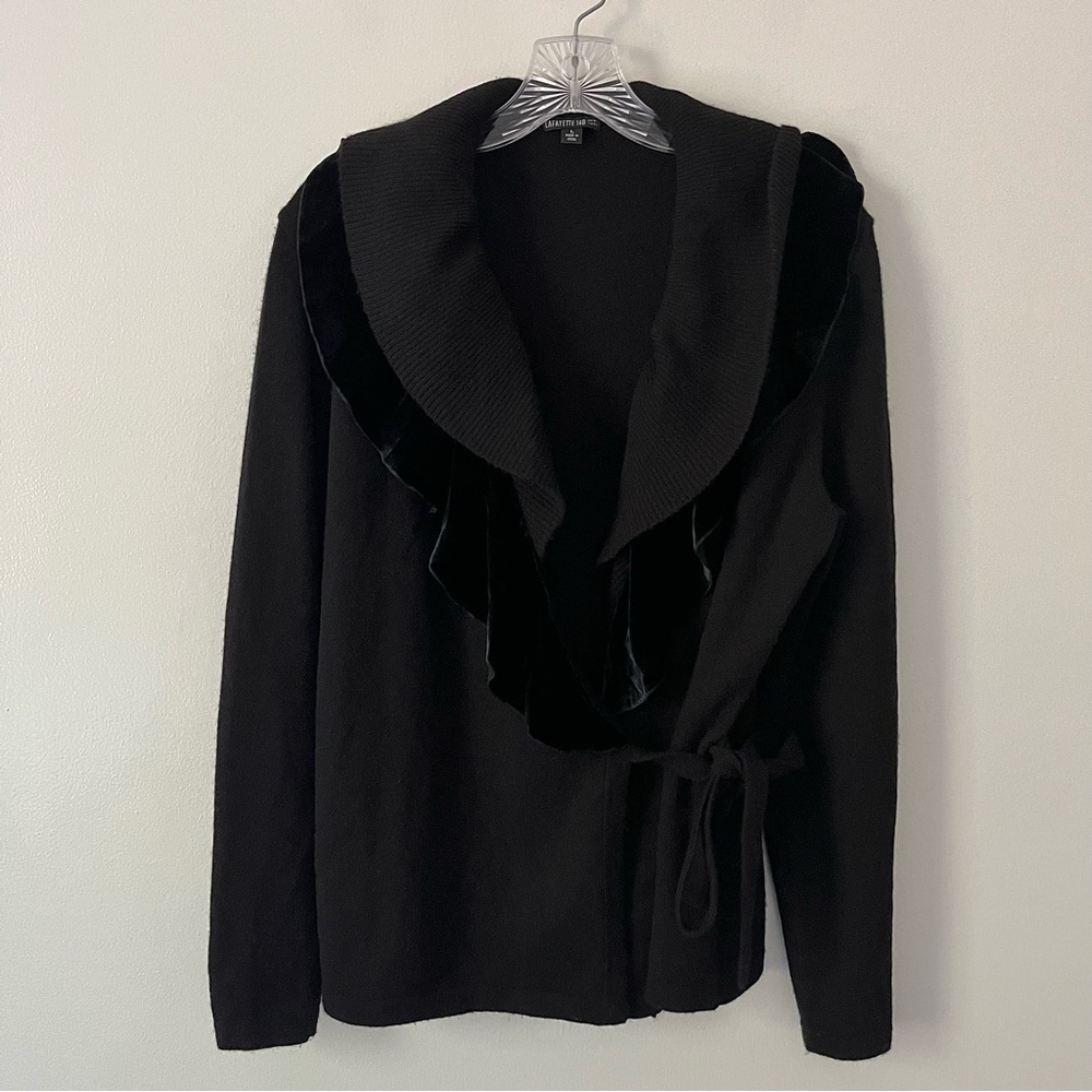 Lafayette 148 100% Cashmere Black Velvet Ruffle Tie Cardigan Sweater L